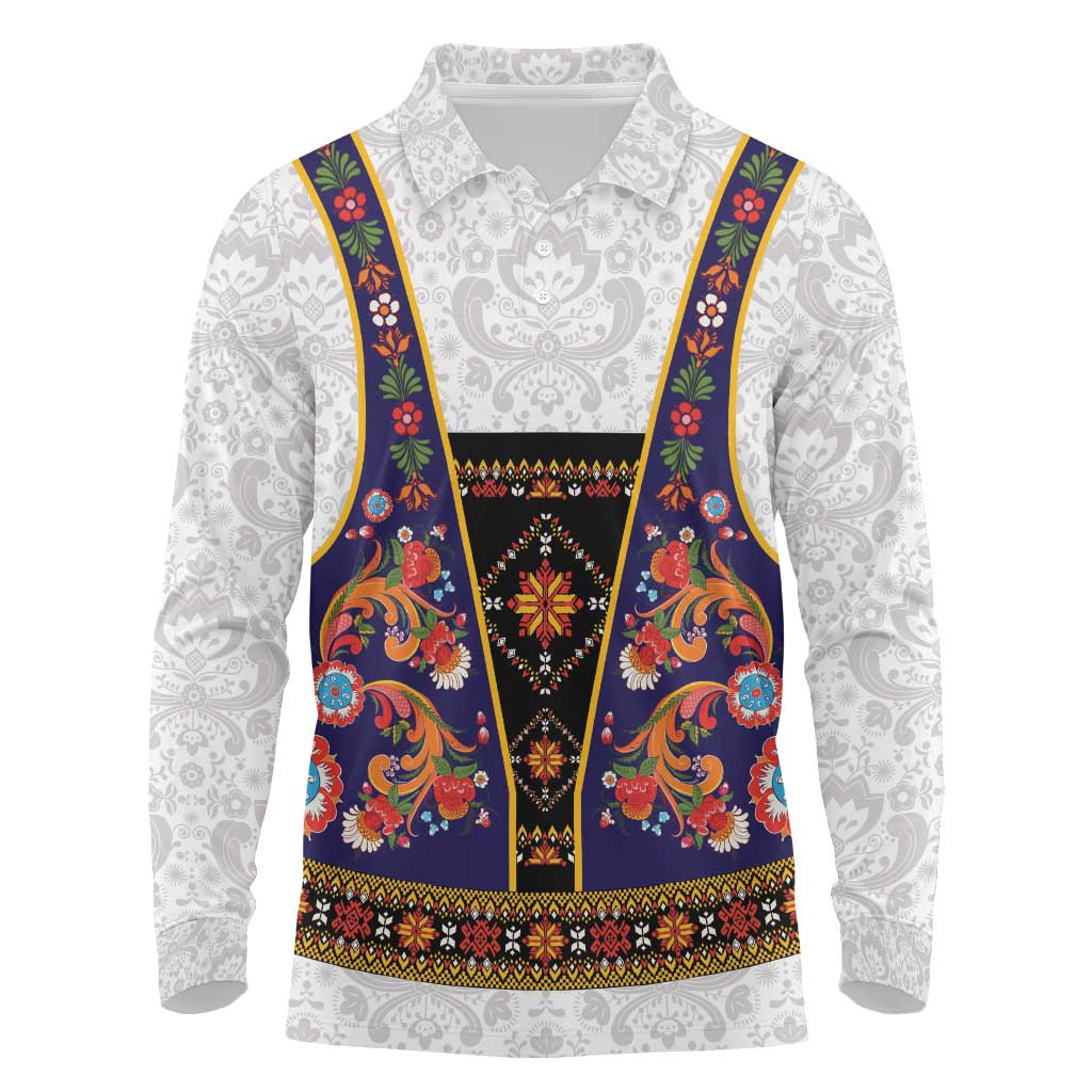 Norwegian Female Bunad Long Sleeve Polo Shirt with Rosemaling Folk Art Navy Color - Wonder Print Shop