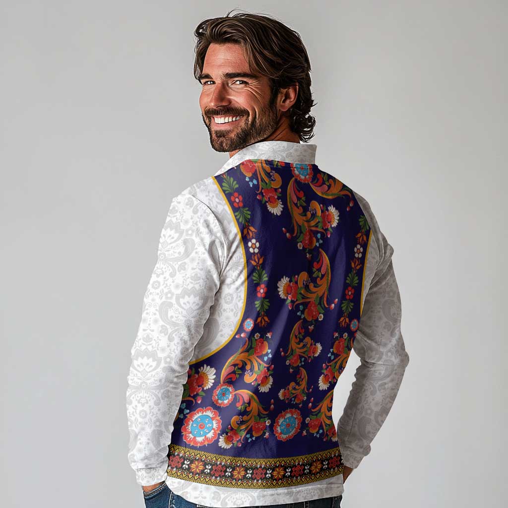 Norwegian Female Bunad Long Sleeve Polo Shirt with Rosemaling Folk Art Navy Color - Wonder Print Shop