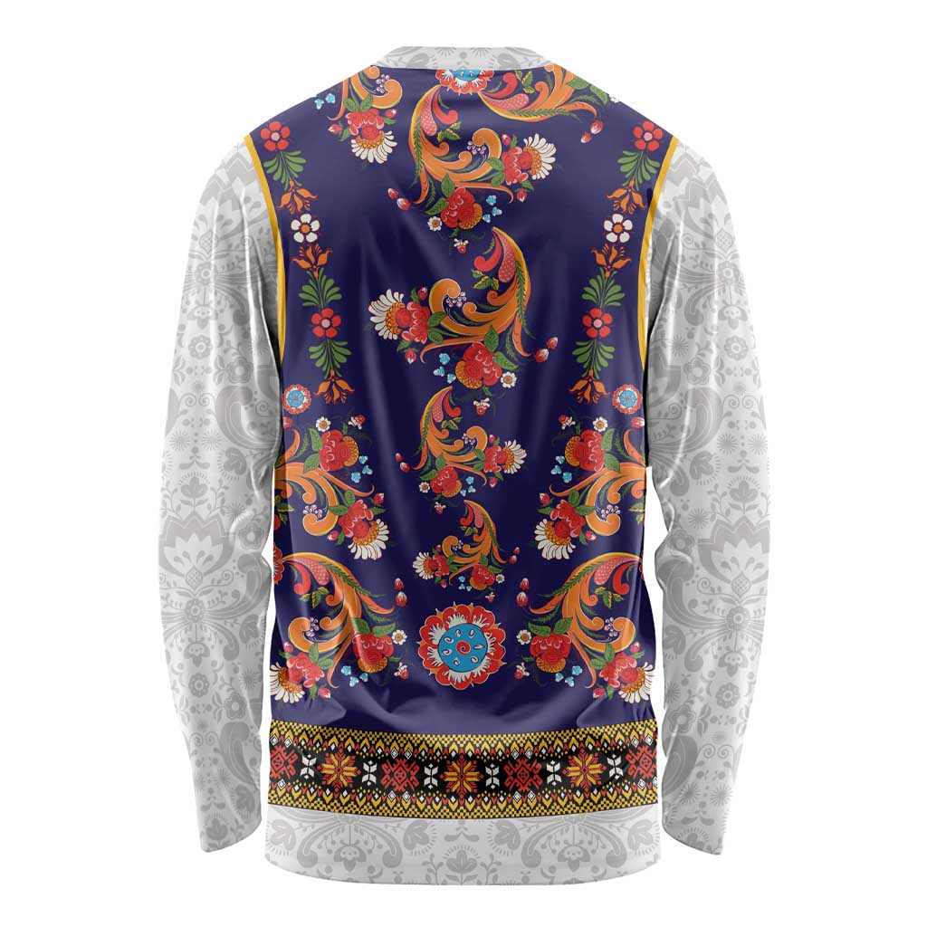 Norwegian Female Bunad Long Sleeve Shirt with Rosemaling Folk Art Navy Color - Wonder Print Shop