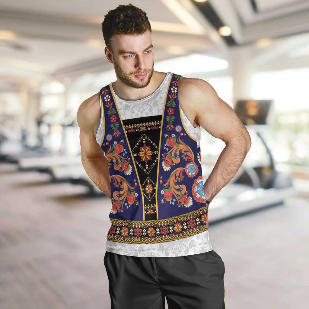 Norwegian Female Bunad Men Tank Top with Rosemaling Folk Art Navy Color - Wonder Print Shop