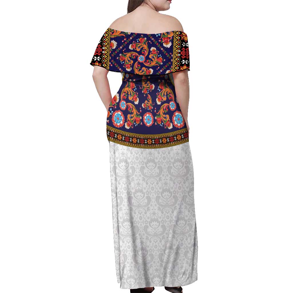 Norwegian Female Bunad Off Shoulder Maxi Dress with Rosemaling Folk Art Navy Color - Wonder Print Shop