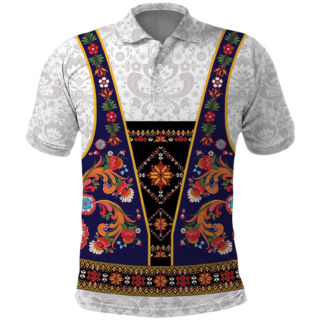 Norwegian Female Bunad Polo Shirt with Rosemaling Folk Art Navy Color - Wonder Print Shop