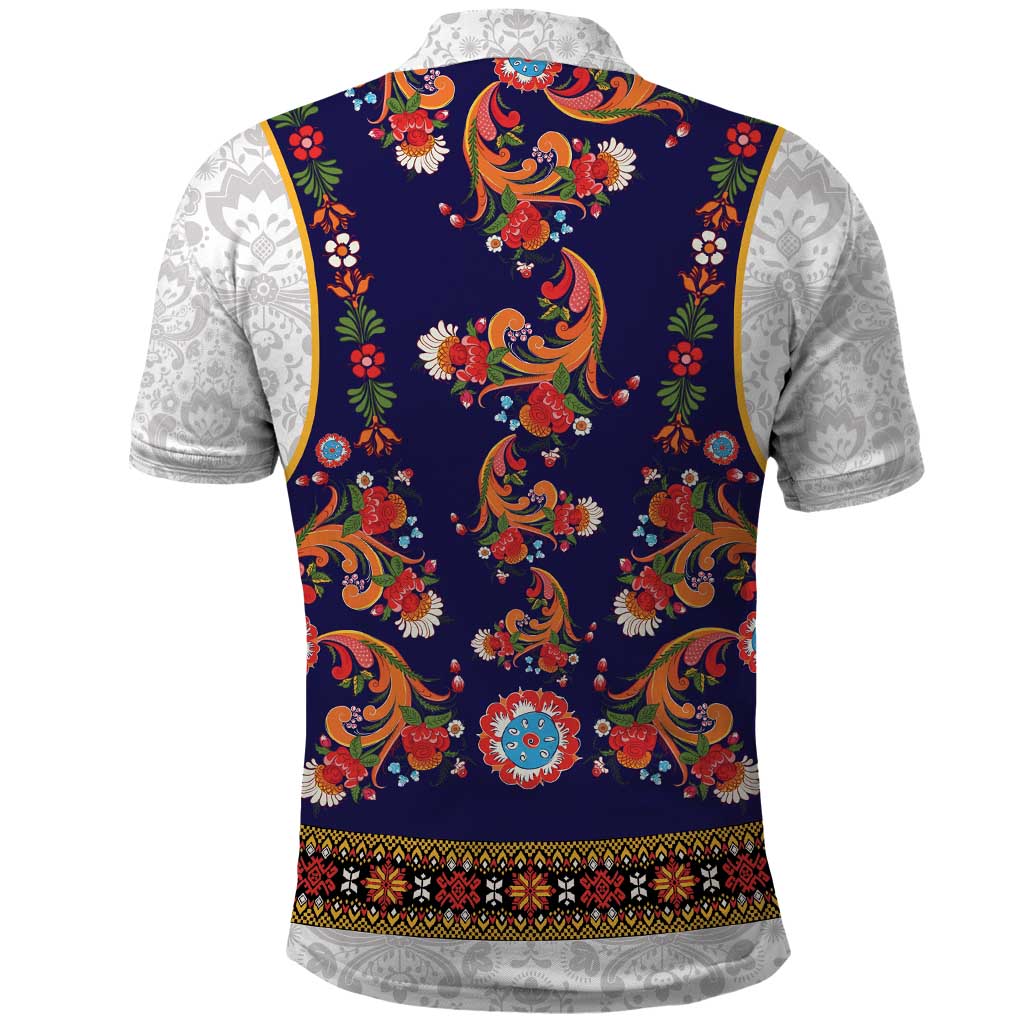 Norwegian Female Bunad Polo Shirt with Rosemaling Folk Art Navy Color - Wonder Print Shop