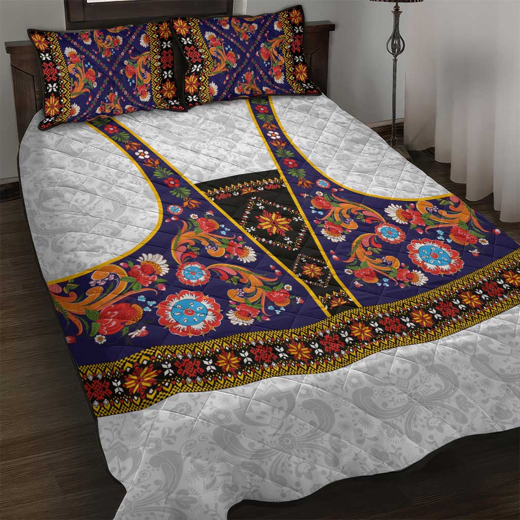 Norwegian Female Bunad Quilt Bed Set with Rosemaling Folk Art Navy Color - Wonder Print Shop