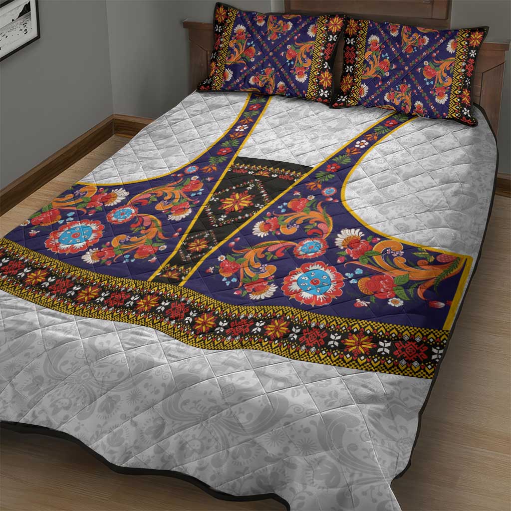 Norwegian Female Bunad Quilt Bed Set with Rosemaling Folk Art Navy Color - Wonder Print Shop