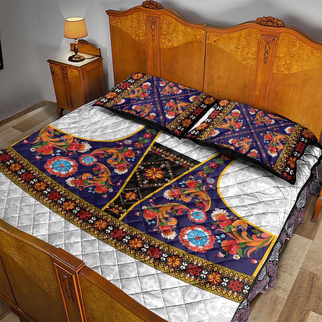 Norwegian Female Bunad Quilt Bed Set with Rosemaling Folk Art Navy Color - Wonder Print Shop