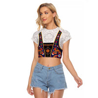 Norwegian Female Bunad Raglan Cropped T Shirt with Rosemaling Folk Art Navy Color - Wonder Print Shop