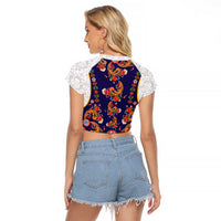 Norwegian Female Bunad Raglan Cropped T Shirt with Rosemaling Folk Art Navy Color - Wonder Print Shop