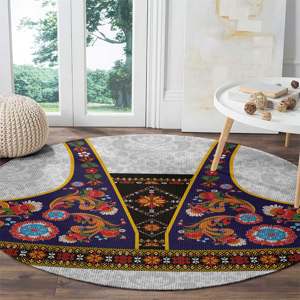 Norwegian Female Bunad Round Carpet with Rosemaling Folk Art Navy Color - Wonder Print Shop