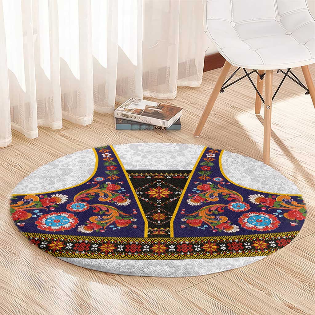 Norwegian Female Bunad Round Carpet with Rosemaling Folk Art Navy Color - Wonder Print Shop