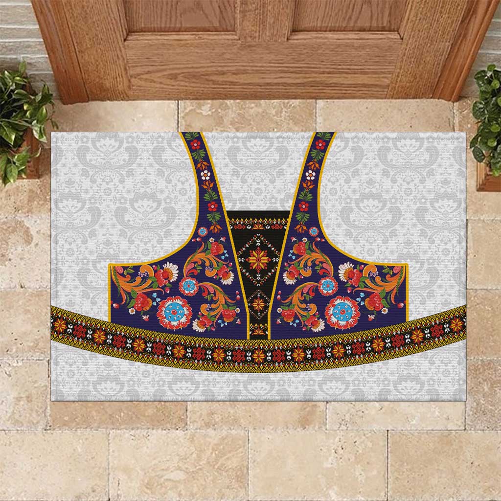 Norwegian Female Bunad Rubber Doormat with Rosemaling Folk Art Navy Color - Wonder Print Shop