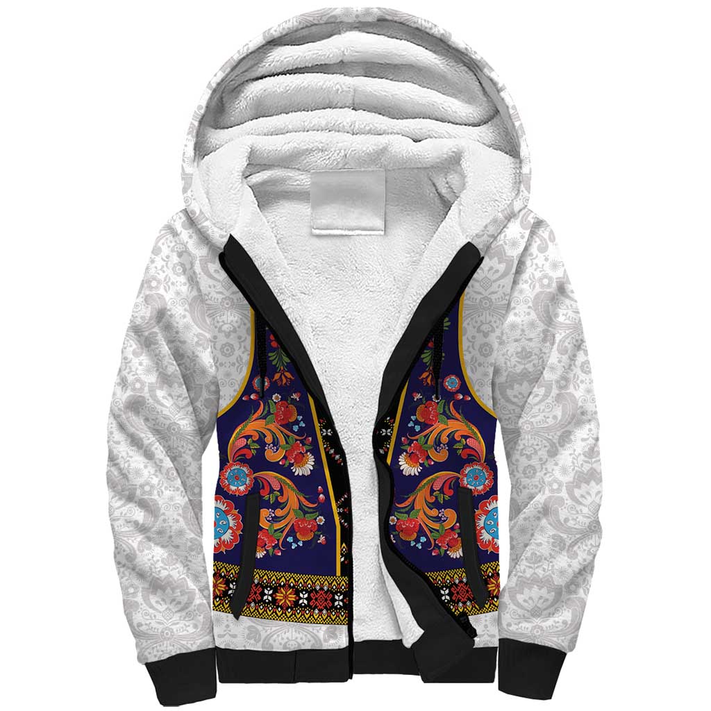 Norwegian Female Bunad Sherpa Hoodie with Rosemaling Folk Art Navy Color - Wonder Print Shop