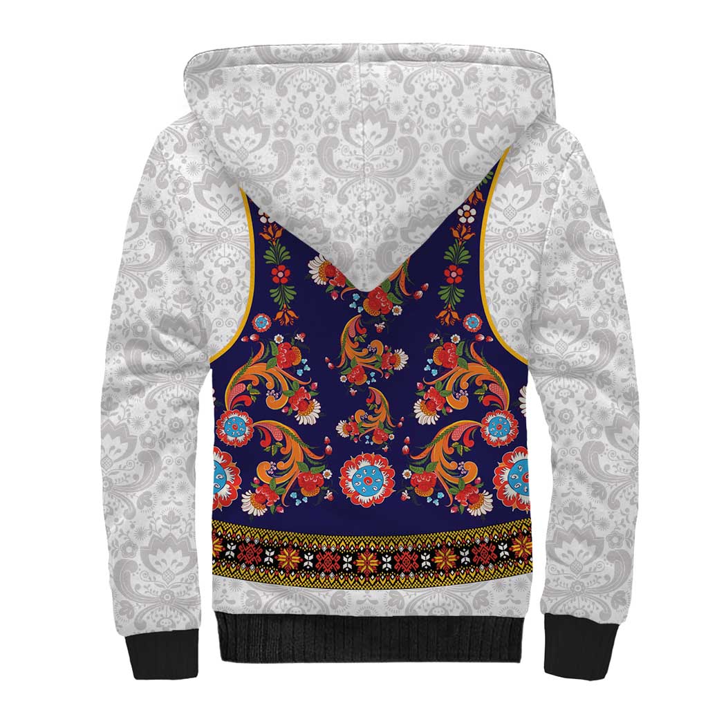 Norwegian Female Bunad Sherpa Hoodie with Rosemaling Folk Art Navy Color - Wonder Print Shop