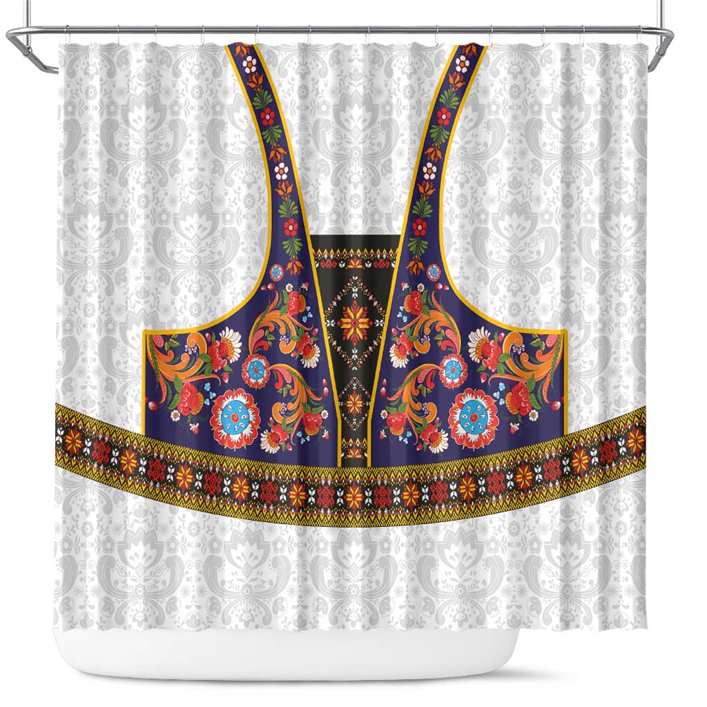 Norwegian Female Bunad Shower Curtain with Rosemaling Folk Art Navy Color - Wonder Print Shop