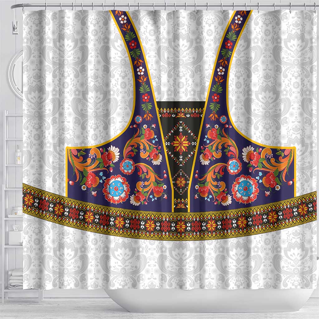 Norwegian Female Bunad Shower Curtain with Rosemaling Folk Art Navy Color - Wonder Print Shop