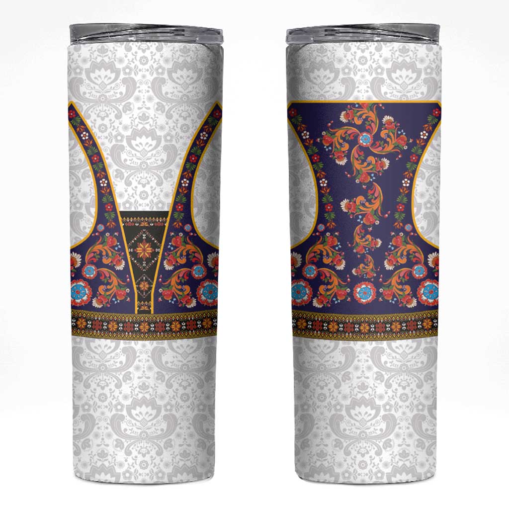Norwegian Female Bunad Skinny Tumbler with Rosemaling Folk Art Navy Color - Wonder Print Shop