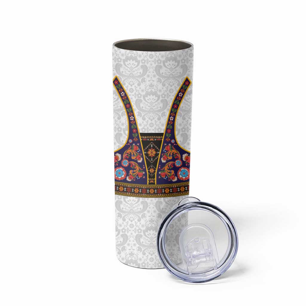 Norwegian Female Bunad Skinny Tumbler with Rosemaling Folk Art Navy Color - Wonder Print Shop