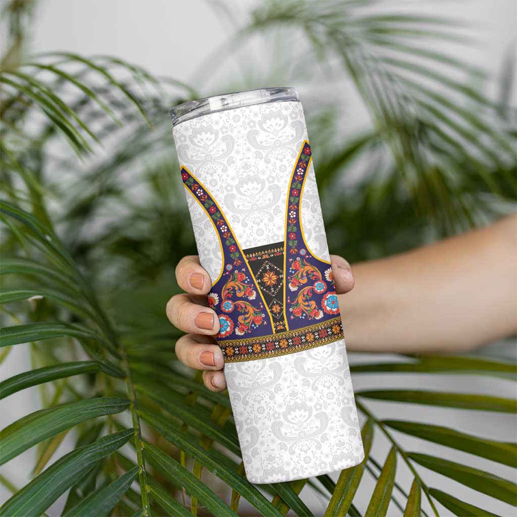 Norwegian Female Bunad Skinny Tumbler with Rosemaling Folk Art Navy Color - Wonder Print Shop