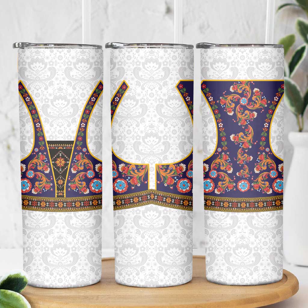Norwegian Female Bunad Skinny Tumbler with Rosemaling Folk Art Navy Color - Wonder Print Shop