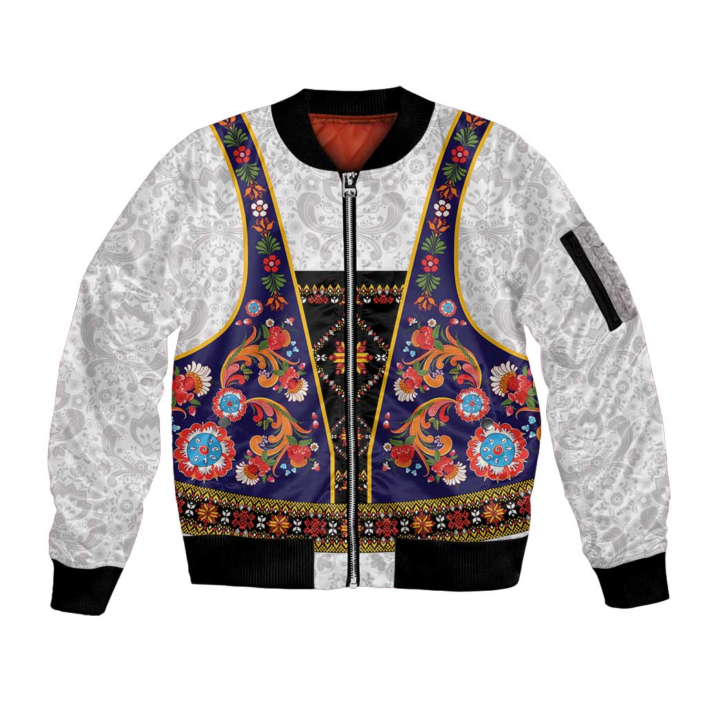 Norwegian Female Bunad Sleeve Zip Bomber Jacket with Rosemaling Folk Art Navy Color - Wonder Print Shop