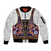 Norwegian Female Bunad Sleeve Zip Bomber Jacket with Rosemaling Folk Art Navy Color - Wonder Print Shop