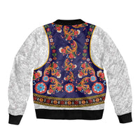 Norwegian Female Bunad Sleeve Zip Bomber Jacket with Rosemaling Folk Art Navy Color - Wonder Print Shop