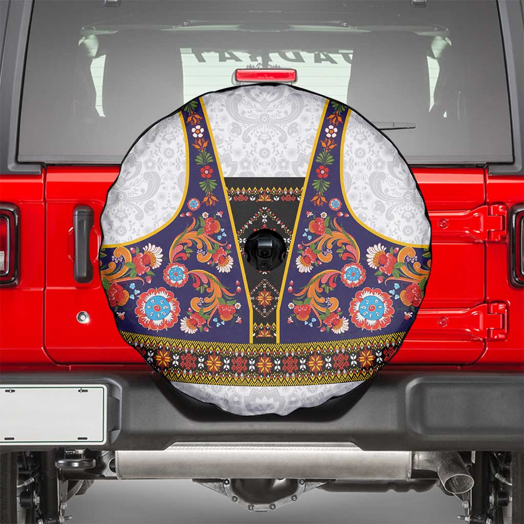 Norwegian Female Bunad Spare Tire Cover with Rosemaling Folk Art Navy Color - Wonder Print Shop