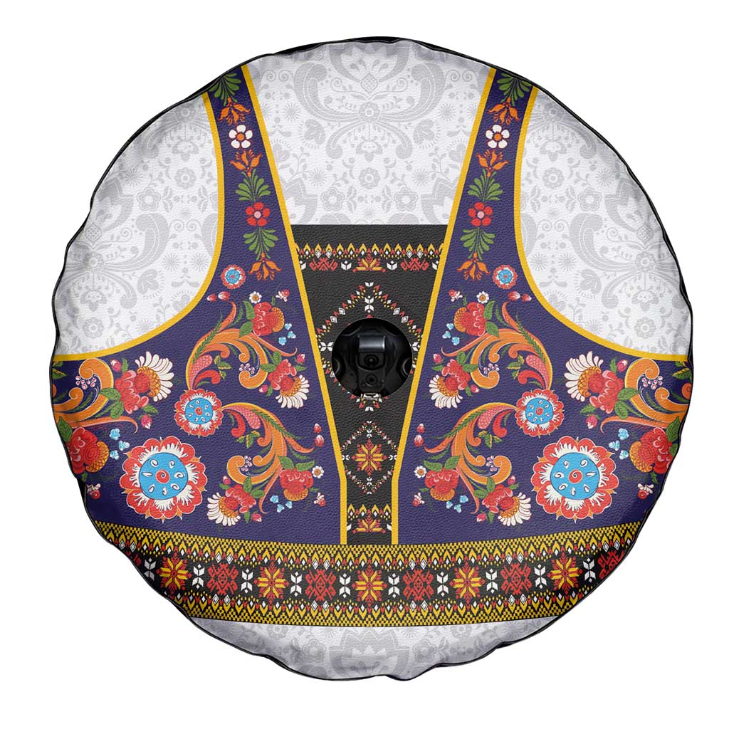 Norwegian Female Bunad Spare Tire Cover with Rosemaling Folk Art Navy Color - Wonder Print Shop