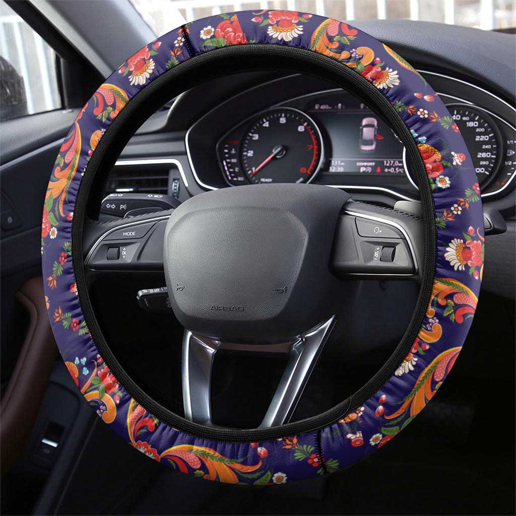 Norwegian Female Bunad Steering Wheel Cover with Rosemaling Folk Art Navy Color - Wonder Print Shop