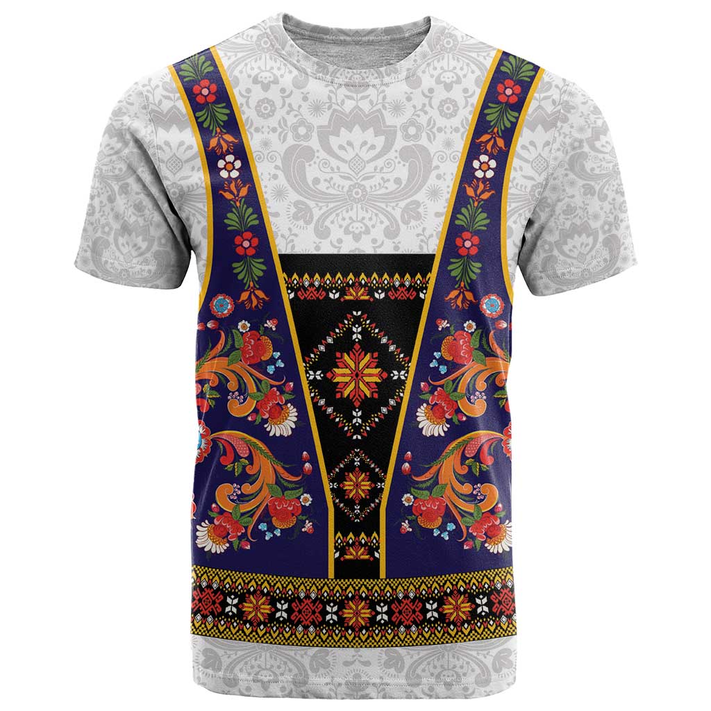Norwegian Female Bunad T Shirt with Rosemaling Folk Art Navy Color - Wonder Print Shop