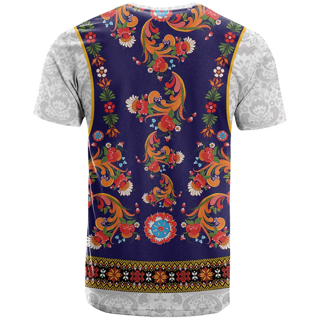 Norwegian Female Bunad T Shirt with Rosemaling Folk Art Navy Color - Wonder Print Shop