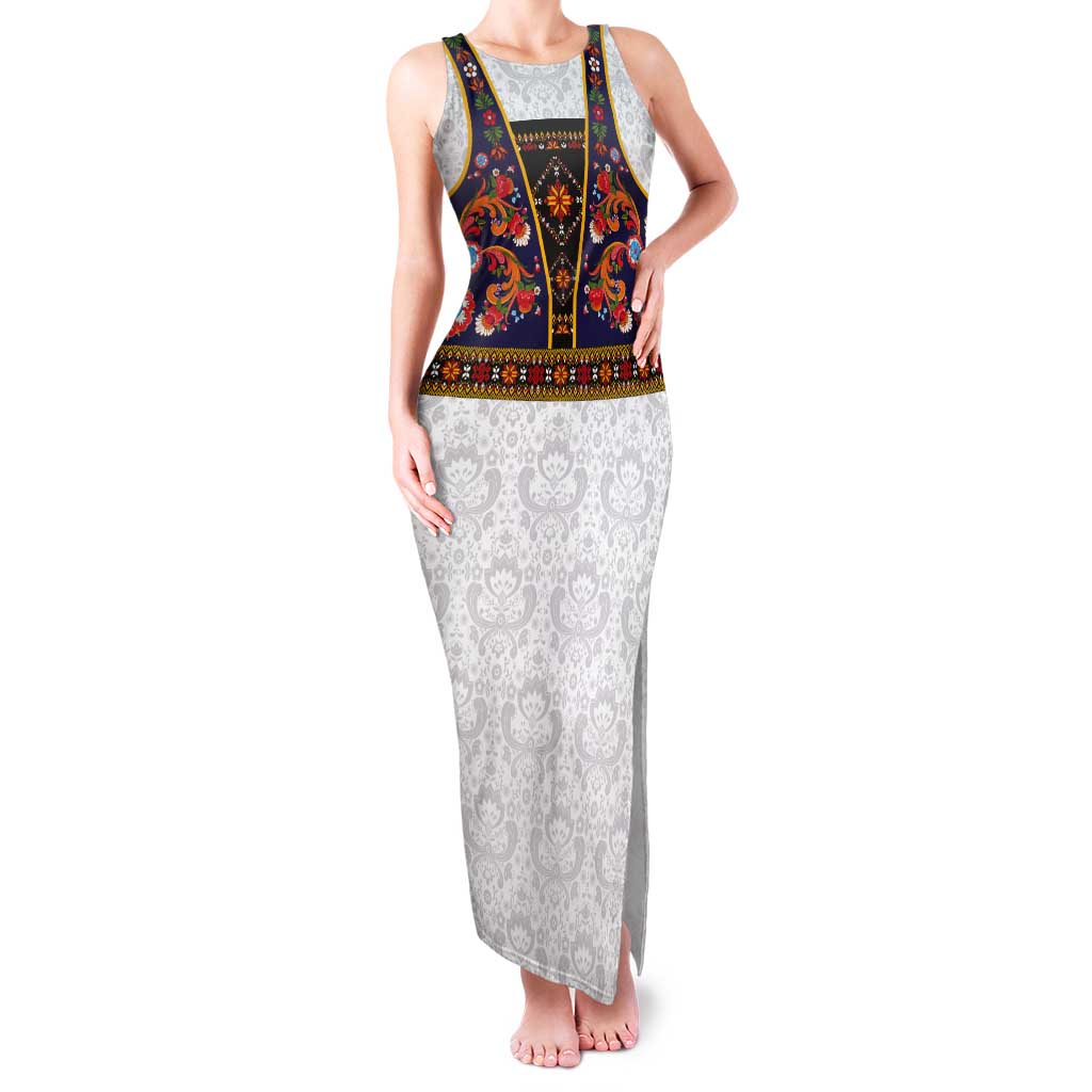 Norwegian Female Bunad Tank Maxi Dress with Rosemaling Folk Art Navy Color - Wonder Print Shop