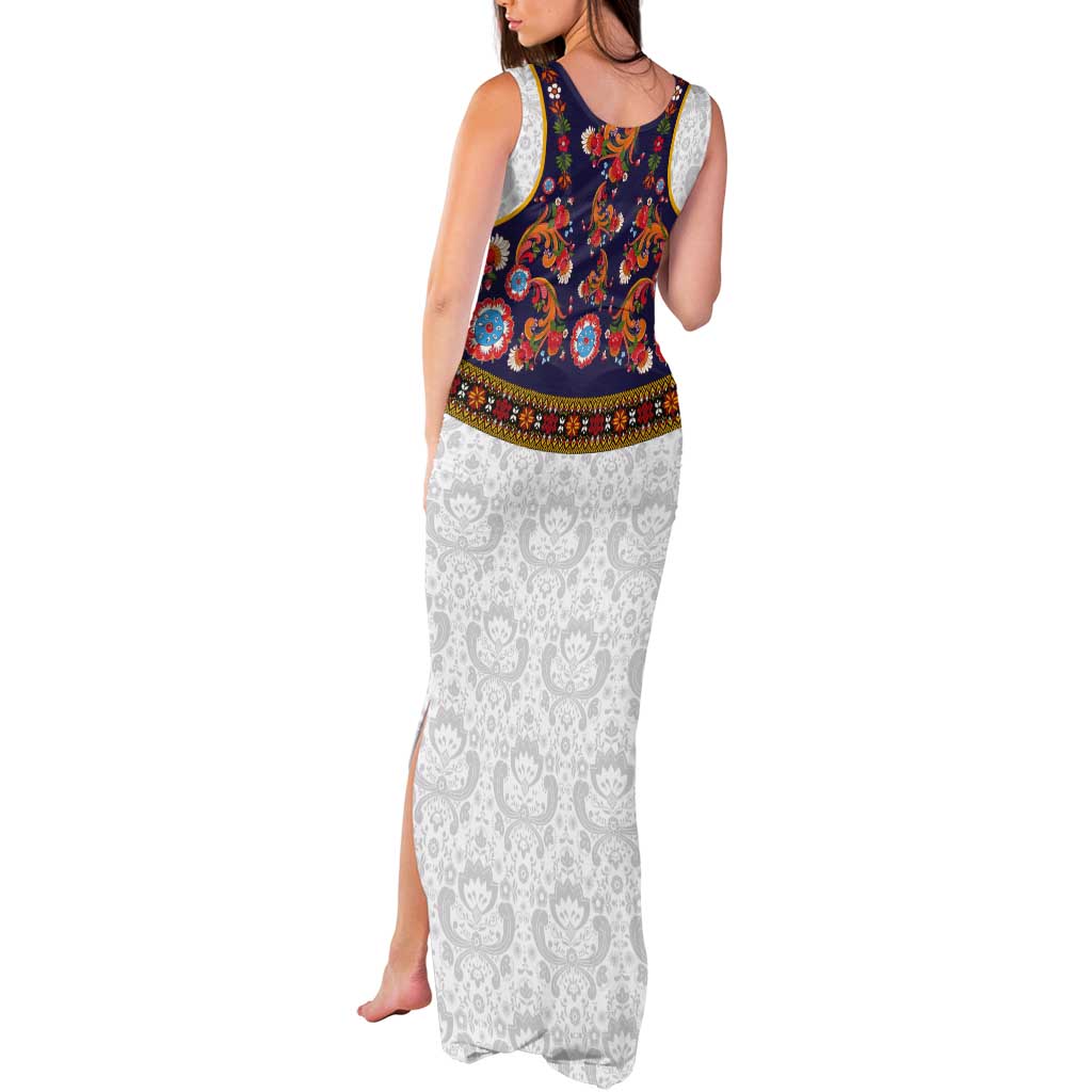 Norwegian Female Bunad Tank Maxi Dress with Rosemaling Folk Art Navy Color - Wonder Print Shop