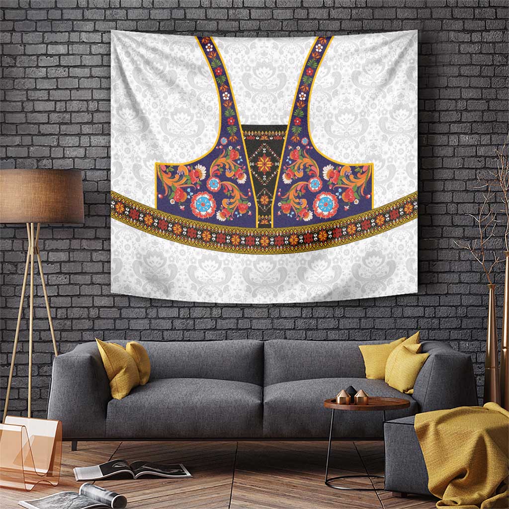 Norwegian Female Bunad Tapestry with Rosemaling Folk Art Navy Color - Wonder Print Shop