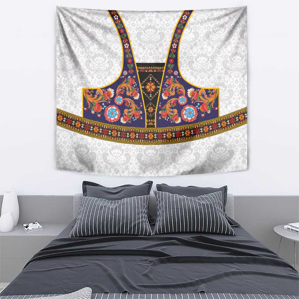 Norwegian Female Bunad Tapestry with Rosemaling Folk Art Navy Color - Wonder Print Shop