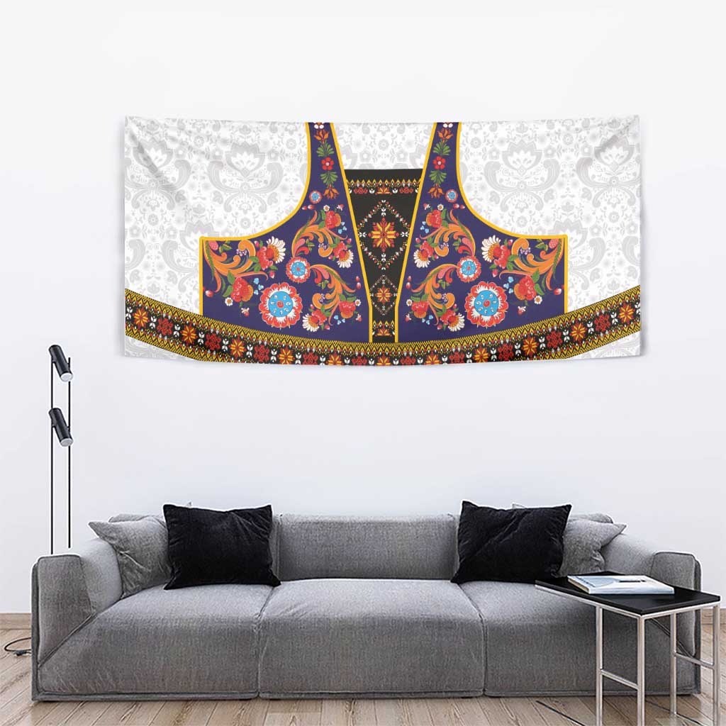 Norwegian Female Bunad Tapestry with Rosemaling Folk Art Navy Color - Wonder Print Shop