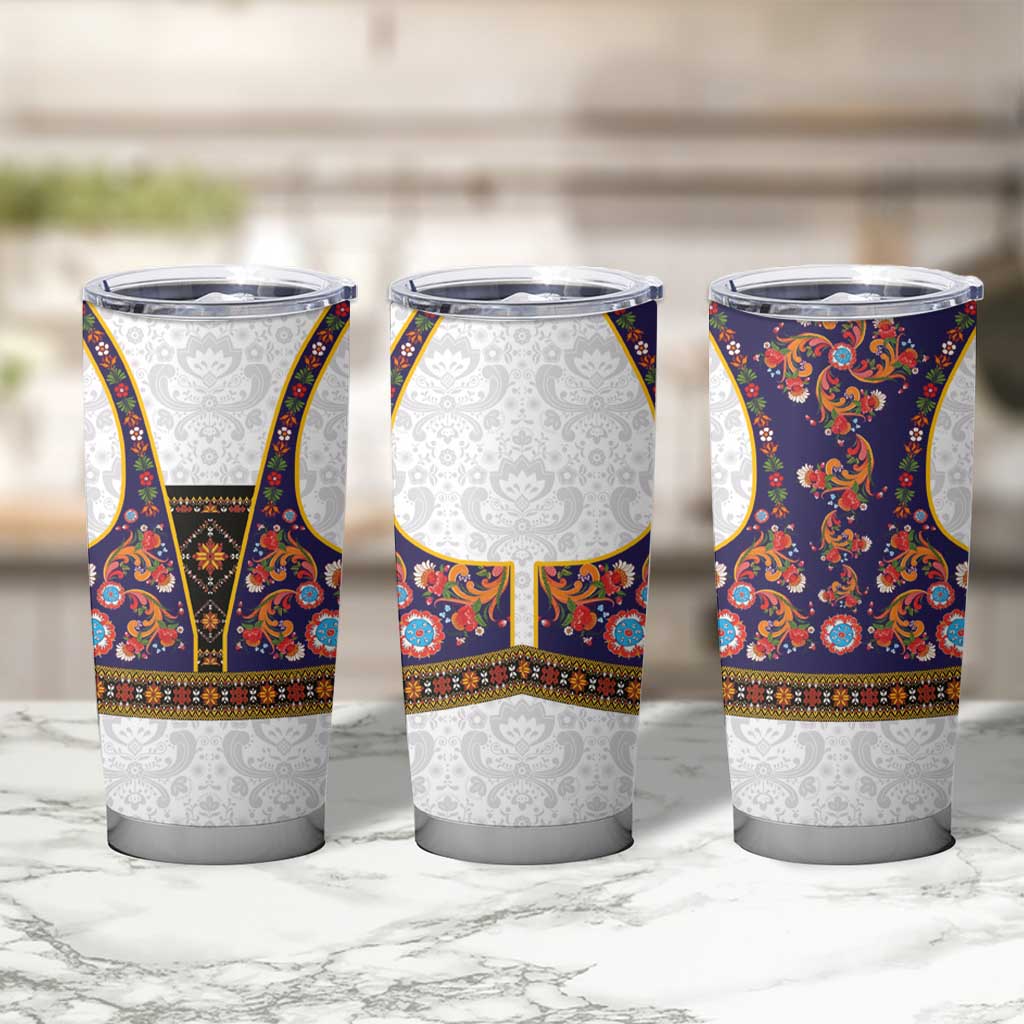 Norwegian Female Bunad Tumbler Cup with Rosemaling Folk Art Navy Color - Wonder Print Shop
