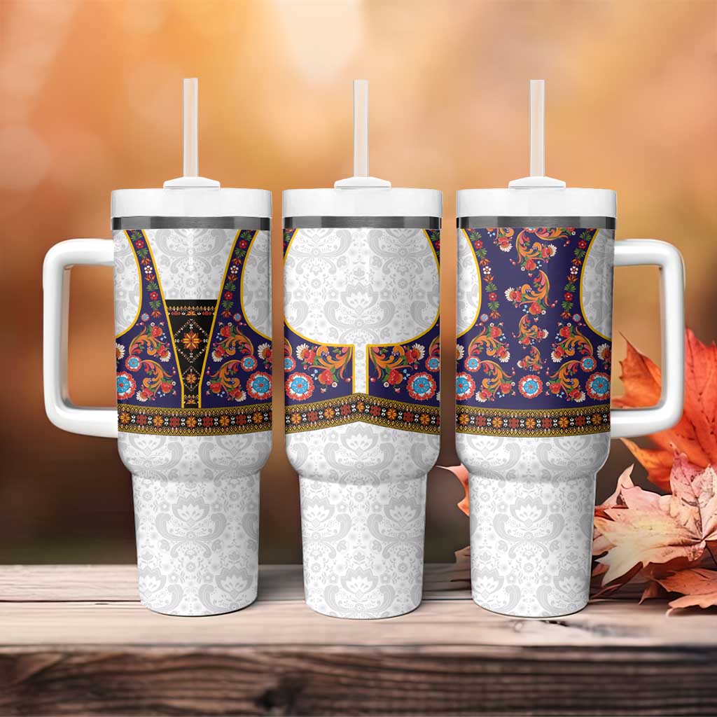 Norwegian Female Bunad Tumbler With Handle with Rosemaling Folk Art Navy Color - Wonder Print Shop