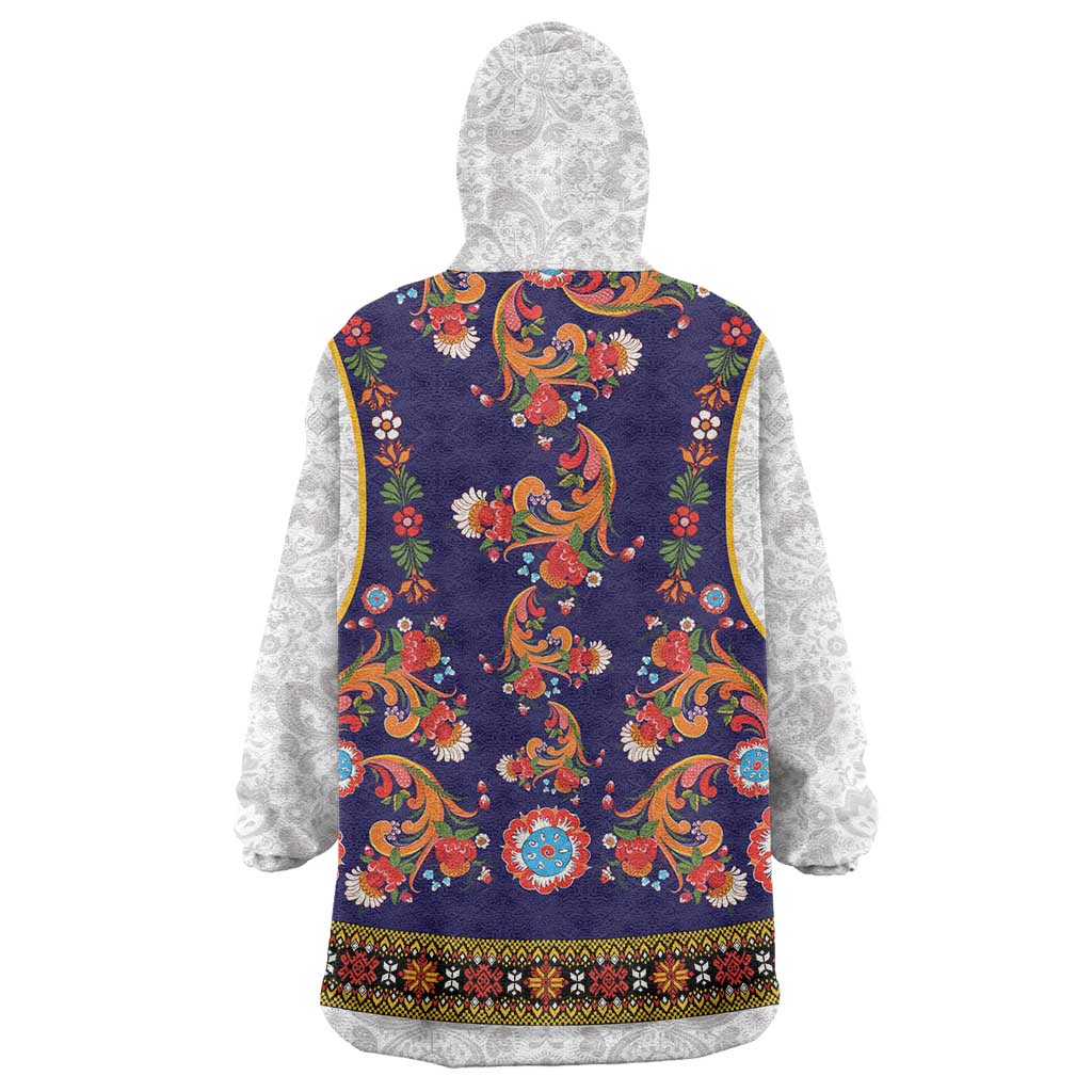 Norwegian Female Bunad Wearable Blanket Hoodie with Rosemaling Folk Art Navy Color - Wonder Print Shop
