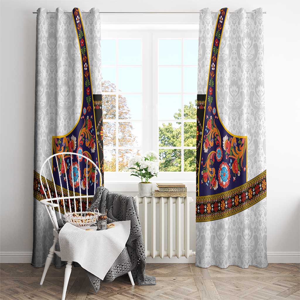 Norwegian Female Bunad Window Curtain with Rosemaling Folk Art Navy Color - Wonder Print Shop