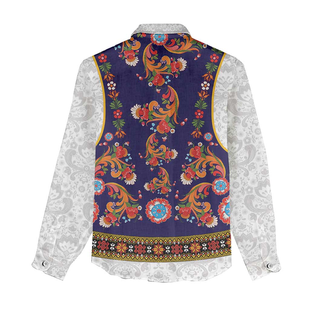 Norwegian Female Bunad Women Casual Shirt with Rosemaling Folk Art Navy Color - Wonder Print Shop