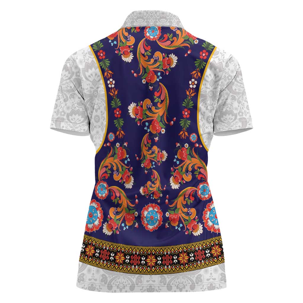 Norwegian Female Bunad Women Polo Shirt with Rosemaling Folk Art Navy Color - Wonder Print Shop