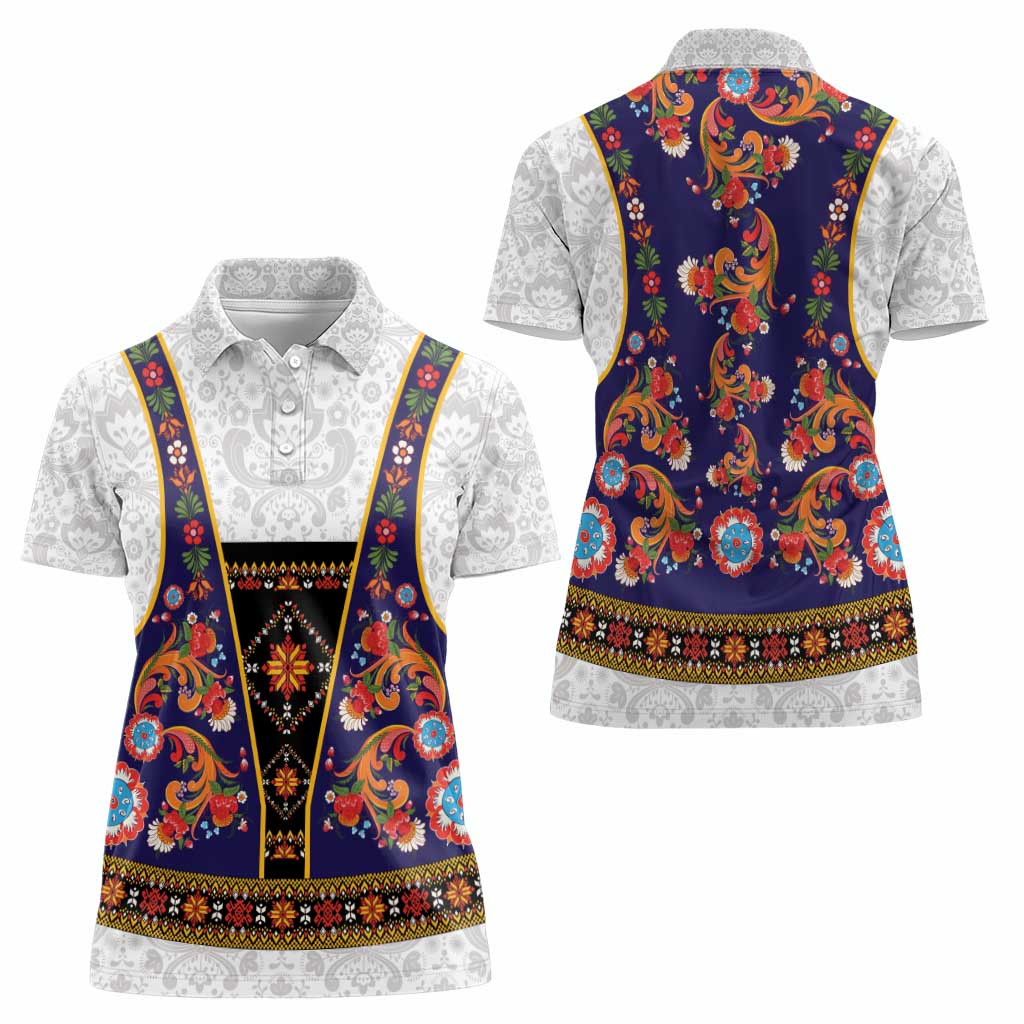 Norwegian Female Bunad Women Polo Shirt with Rosemaling Folk Art Navy Color - Wonder Print Shop