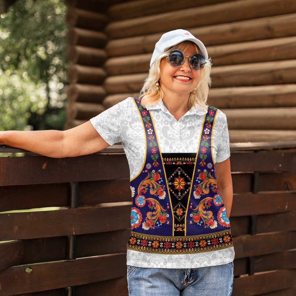 Norwegian Female Bunad Women Polo Shirt with Rosemaling Folk Art Navy Color - Wonder Print Shop