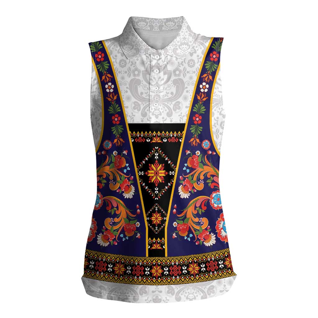 Norwegian Female Bunad Women Sleeveless Polo Shirt with Rosemaling Folk Art Navy Color - Wonder Print Shop