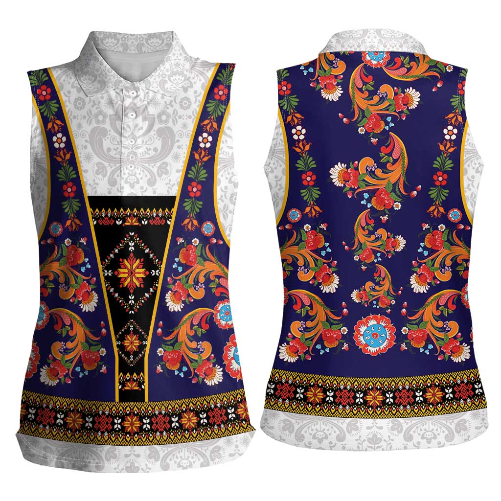 Norwegian Female Bunad Women Sleeveless Polo Shirt with Rosemaling Folk Art Navy Color - Wonder Print Shop