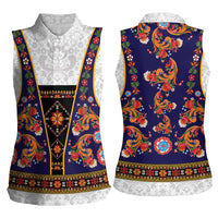 Norwegian Female Bunad Women Sleeveless Polo Shirt with Rosemaling Folk Art Navy Color - Wonder Print Shop