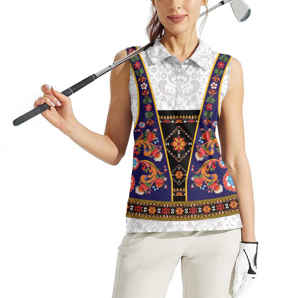 Norwegian Female Bunad Women Sleeveless Polo Shirt with Rosemaling Folk Art Navy Color - Wonder Print Shop