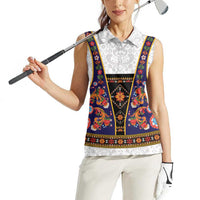 Norwegian Female Bunad Women Sleeveless Polo Shirt with Rosemaling Folk Art Navy Color - Wonder Print Shop