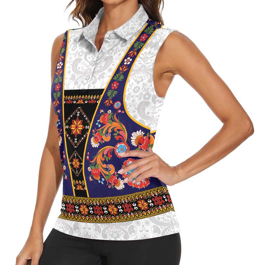 Norwegian Female Bunad Women Sleeveless Polo Shirt with Rosemaling Folk Art Navy Color - Wonder Print Shop